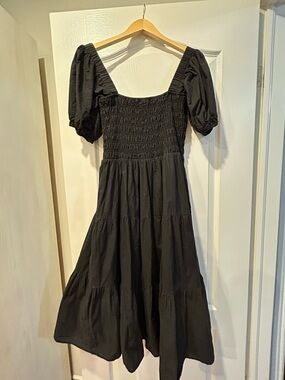Forever 21 Black Puff-Sleeve Smocked Midi Dress
